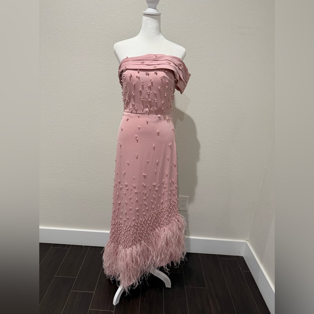 Off-Shoulder Pink Pearl & Feather Evening Dress